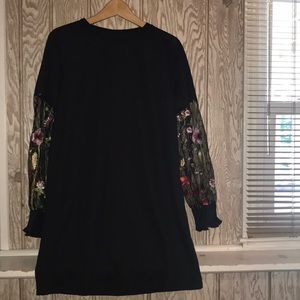 Black shirt dress with sheer embroidered sleeves